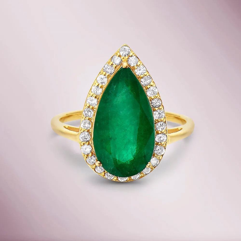 Pear Shape Emerald & Diamond Halo Engagement Ring (4.38 ct.) in 14K Gold