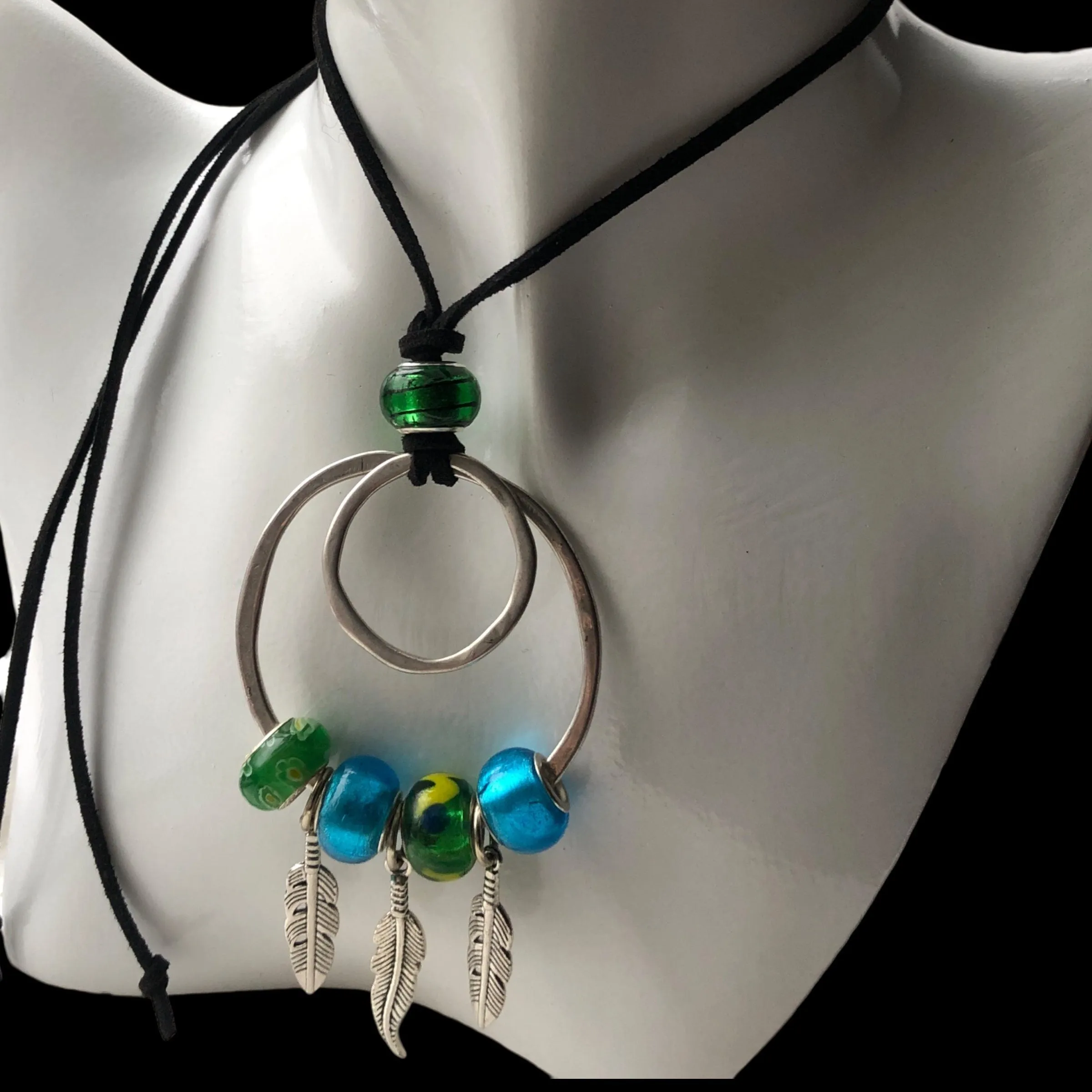 Pendant Necklaces with Blue and Green Glass Charms