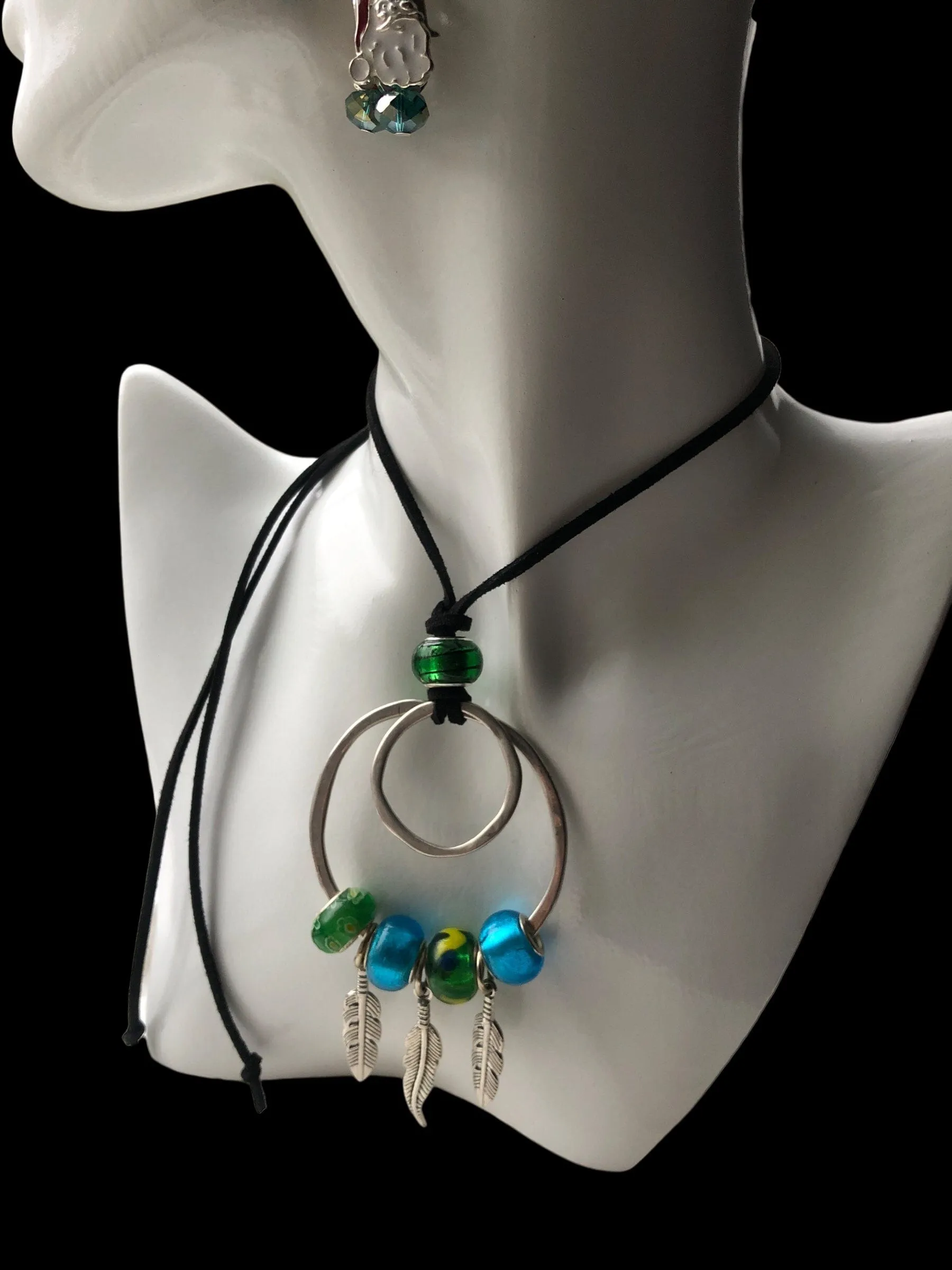 Pendant Necklaces with Blue and Green Glass Charms