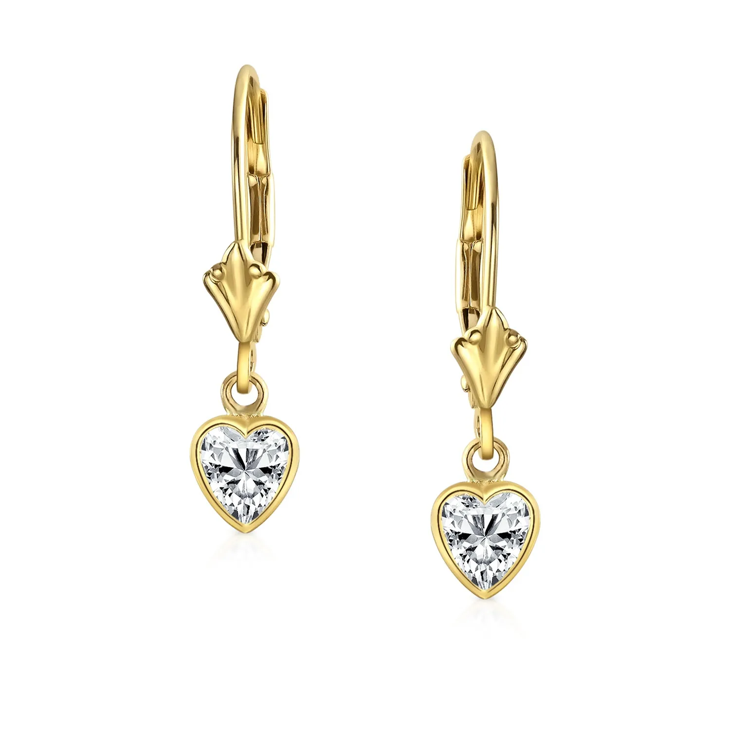 Petite 14K Gold CZ Heart Dangle Chandelier Earrings with Secure Lever Back