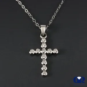 Petite Natural Diamond Cross Pendant Necklace 14K White Gold W/Chain