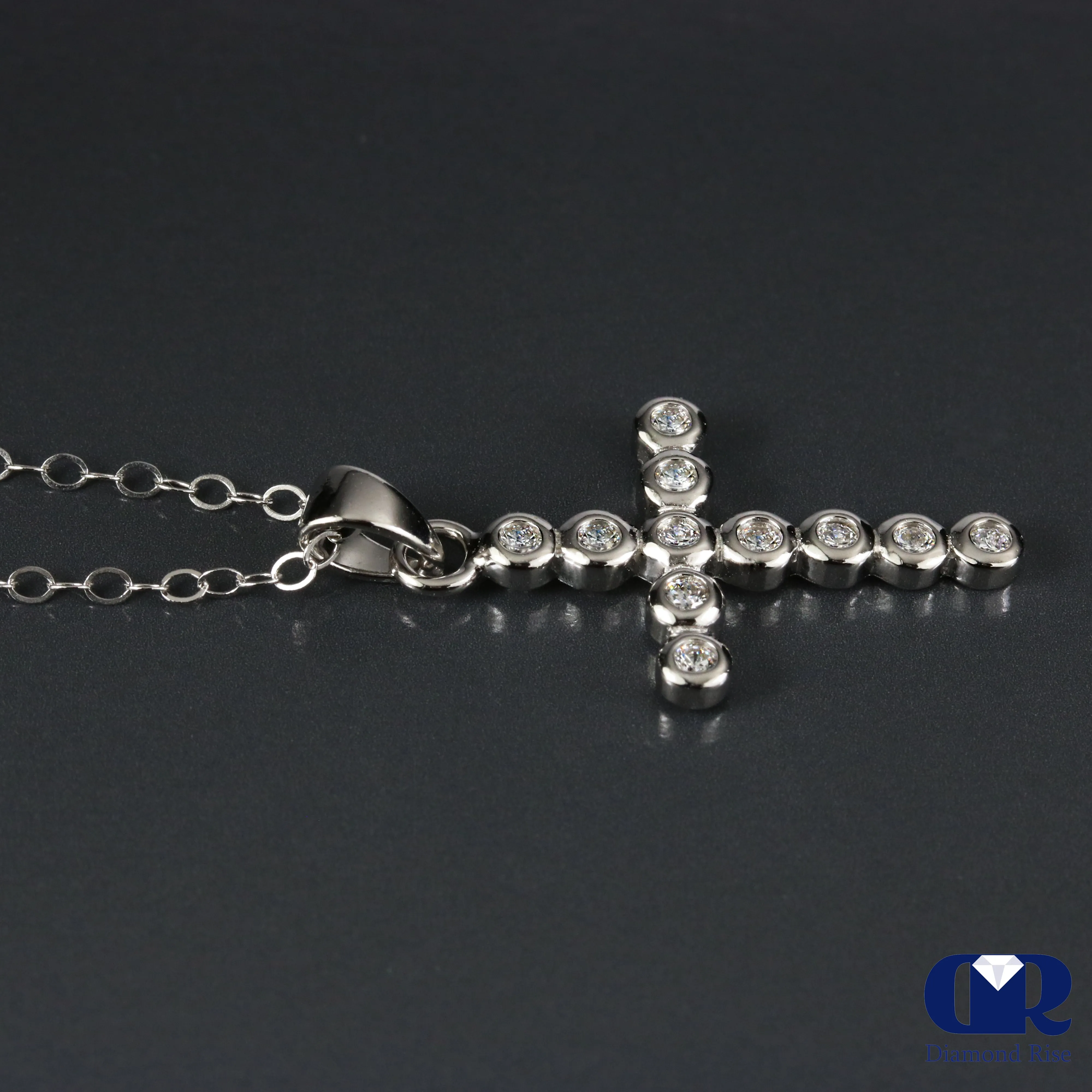 Petite Natural Diamond Cross Pendant Necklace 14K White Gold W/Chain