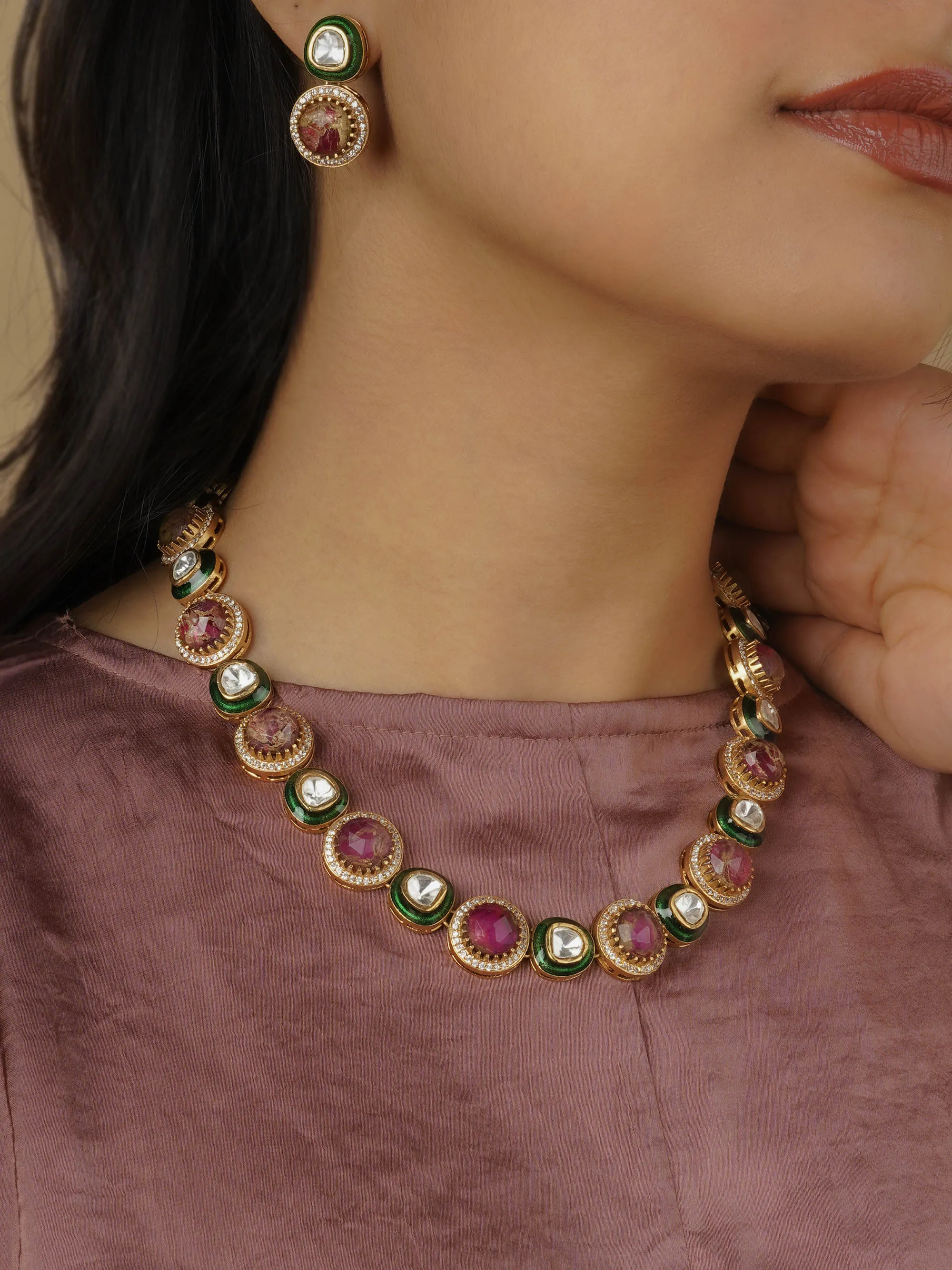 Pink Color Gold Plated Contemporary Necklace Set - CC-S18