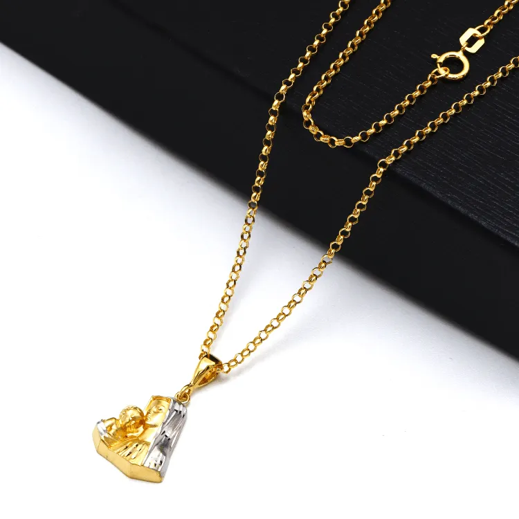 Real Gold 3D Mama Mary 2 Color Pendant With Holo Rolo Chain Necklace 1899 CWP 1895