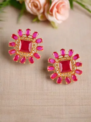 Red Square Shaped Stone Studded Contemporary Stud Earrings