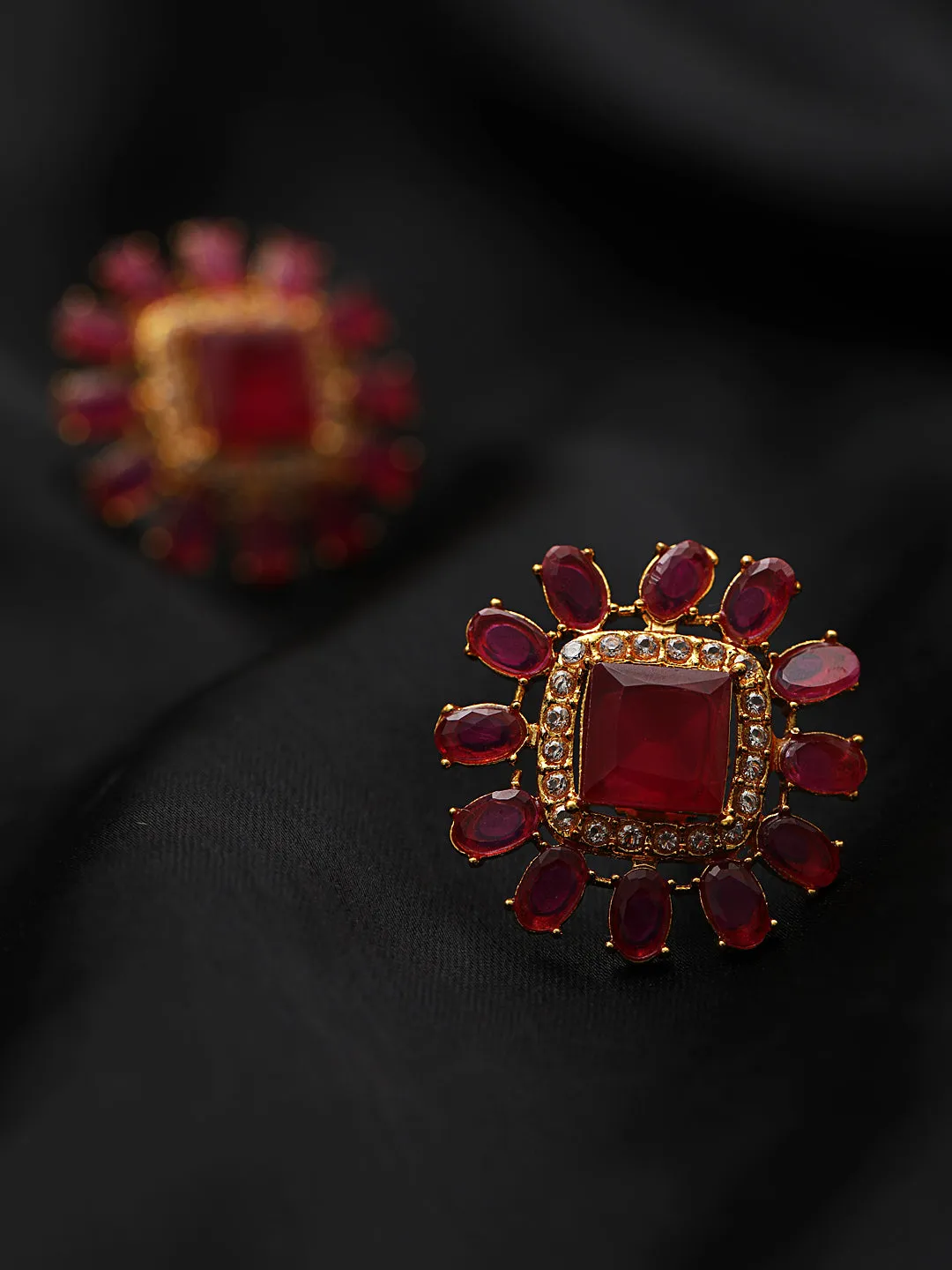 Red Square Shaped Stone Studded Contemporary Stud Earrings