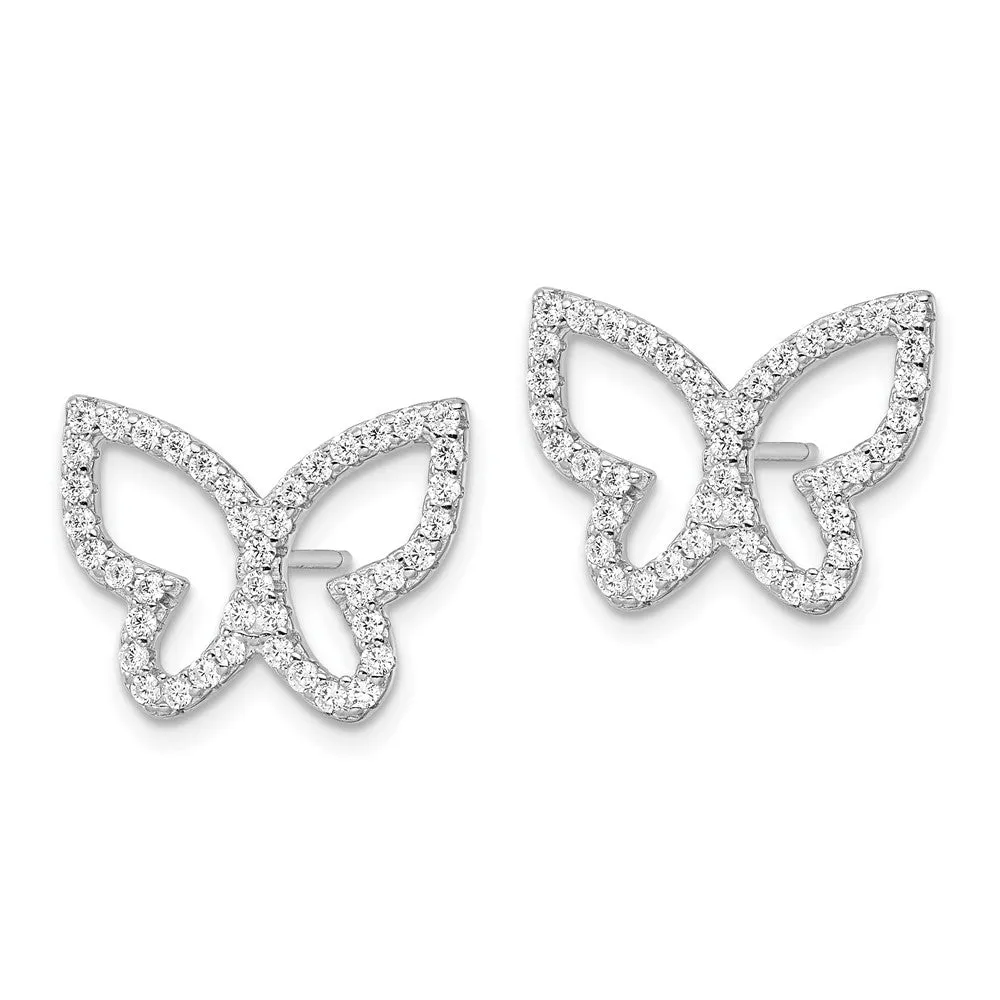 Rhodium-plated Sterling Silver Polished CZ Open Butterfly Post Earrings