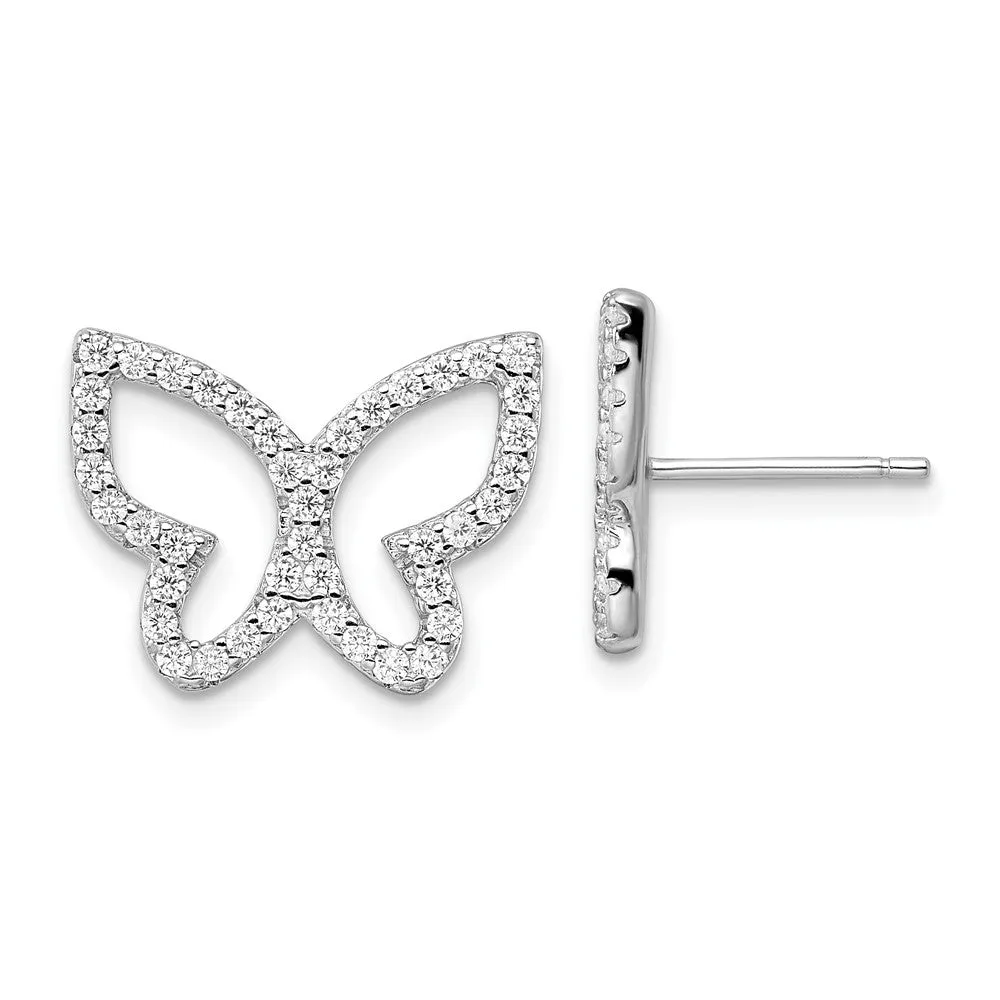 Rhodium-plated Sterling Silver Polished CZ Open Butterfly Post Earrings