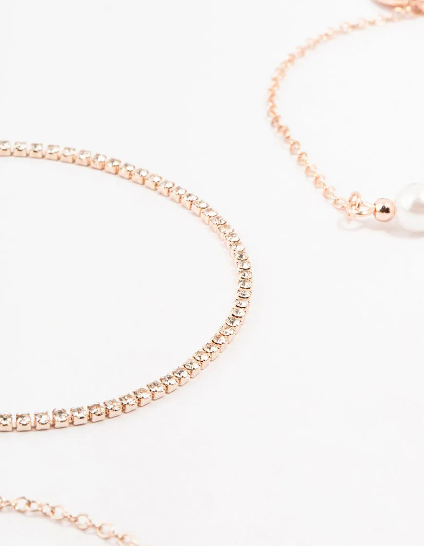 Rose Gold Pearl & Diamante Chain Bracelets 4-Pack