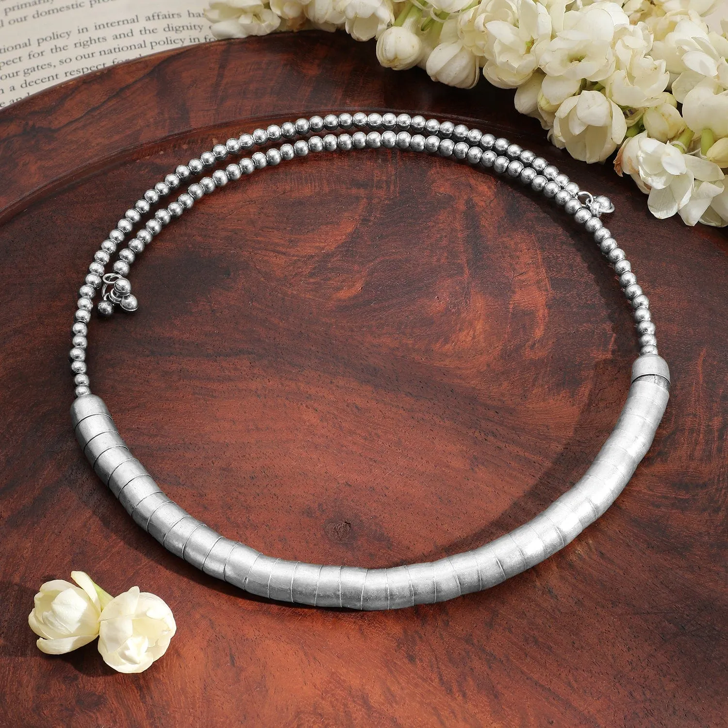 Rubans Silver-Plated Textured Bead Statement Choker Necklace