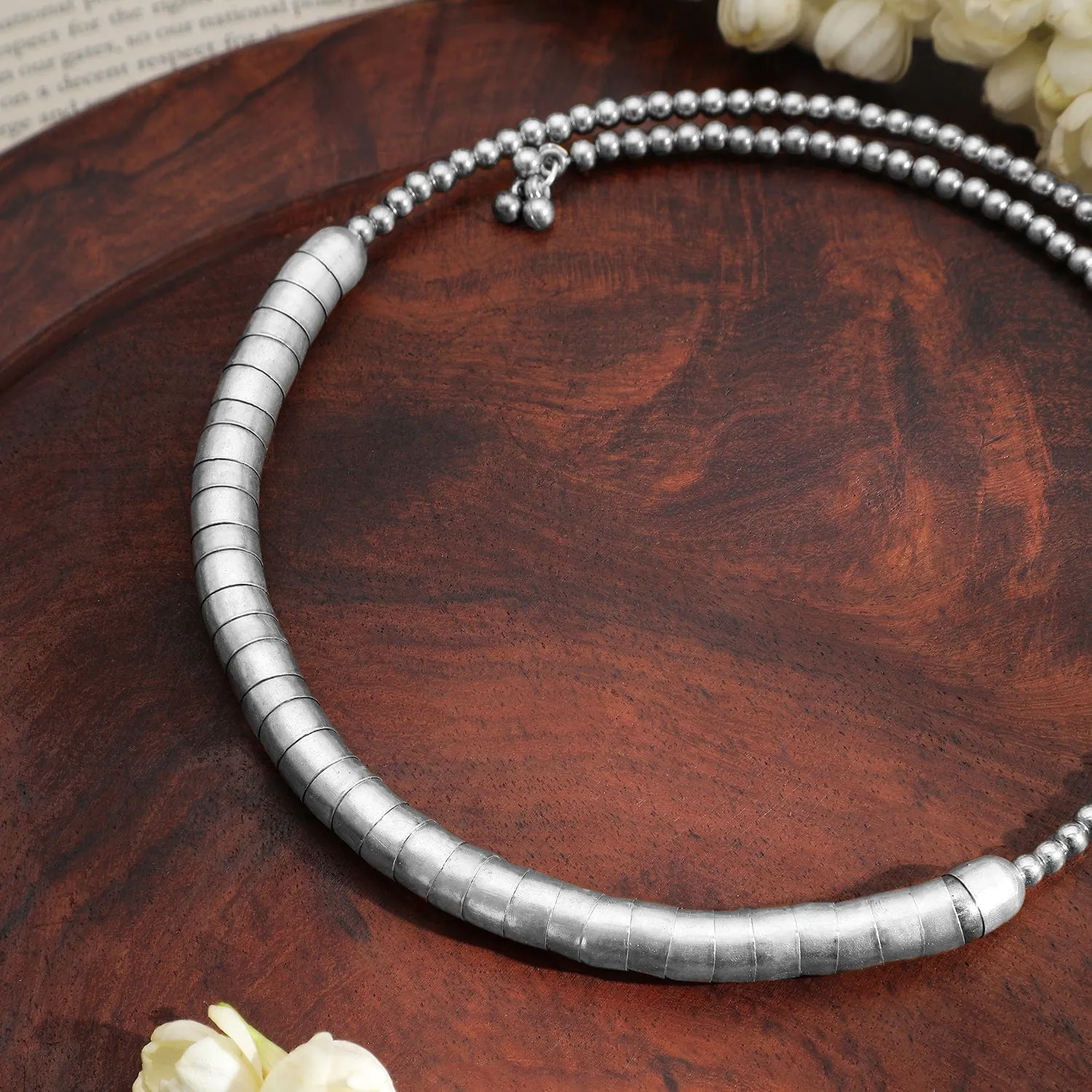 Rubans Silver-Plated Textured Bead Statement Choker Necklace