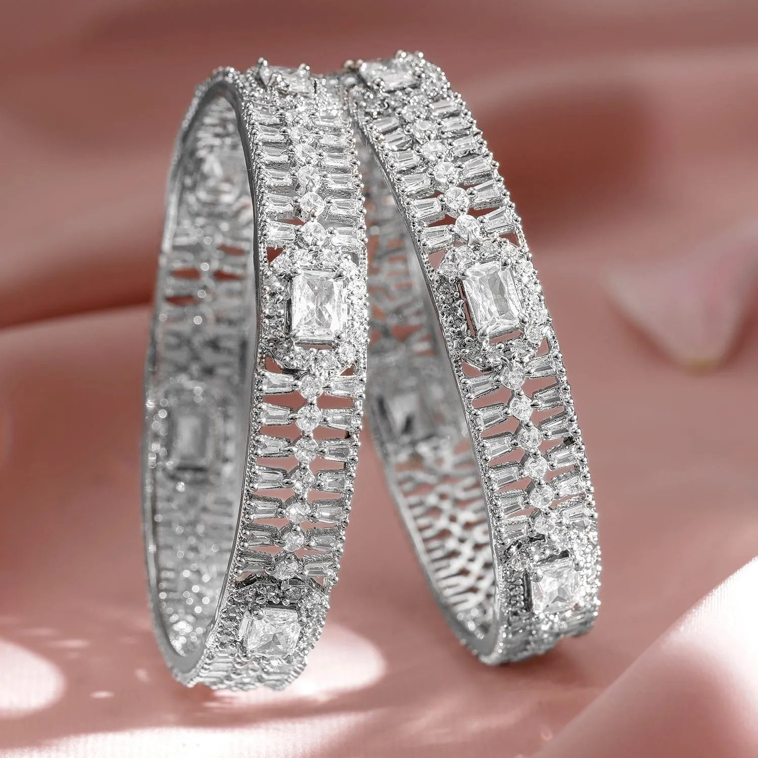 Set of 2 Rhodium-Plated Cubic Zirconia Studded Designer Bangles