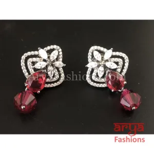 Silver Cubic Zirconia studs with dark Pink Beads