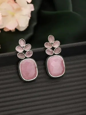 Silver-Plated Pink Contemporary Stone Studded Drop Earrings