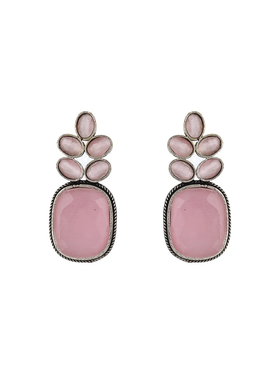 Silver-Plated Pink Contemporary Stone Studded Drop Earrings