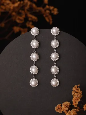 Silver-Toned & Pearl Studded Contemporary Drop Earrings