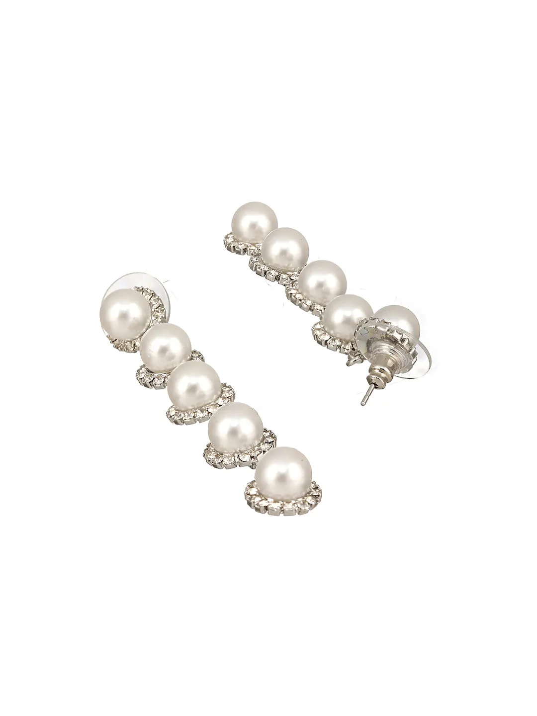 Silver-Toned & Pearl Studded Contemporary Drop Earrings