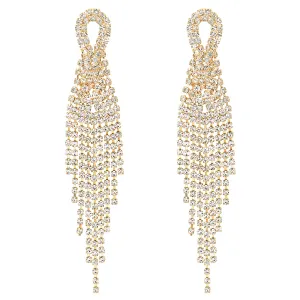 Sparkling Bridal Wedding Prom Rhinestone Tassel Long Dangle Drop Large Gold Color Statement Earrings