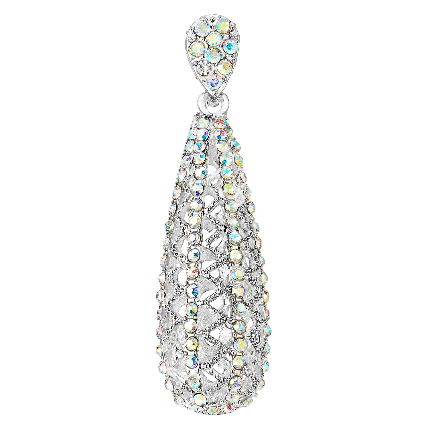 Sparkling Rainbow Rhinestone Cluster Filigree Hollow Long Teardrop Ball Dangle Statement Earring