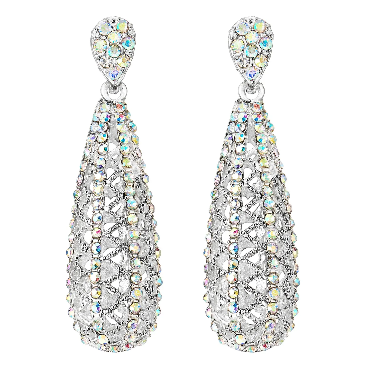 Sparkling Rainbow Rhinestone Cluster Filigree Hollow Long Teardrop Ball Dangle Statement Earring