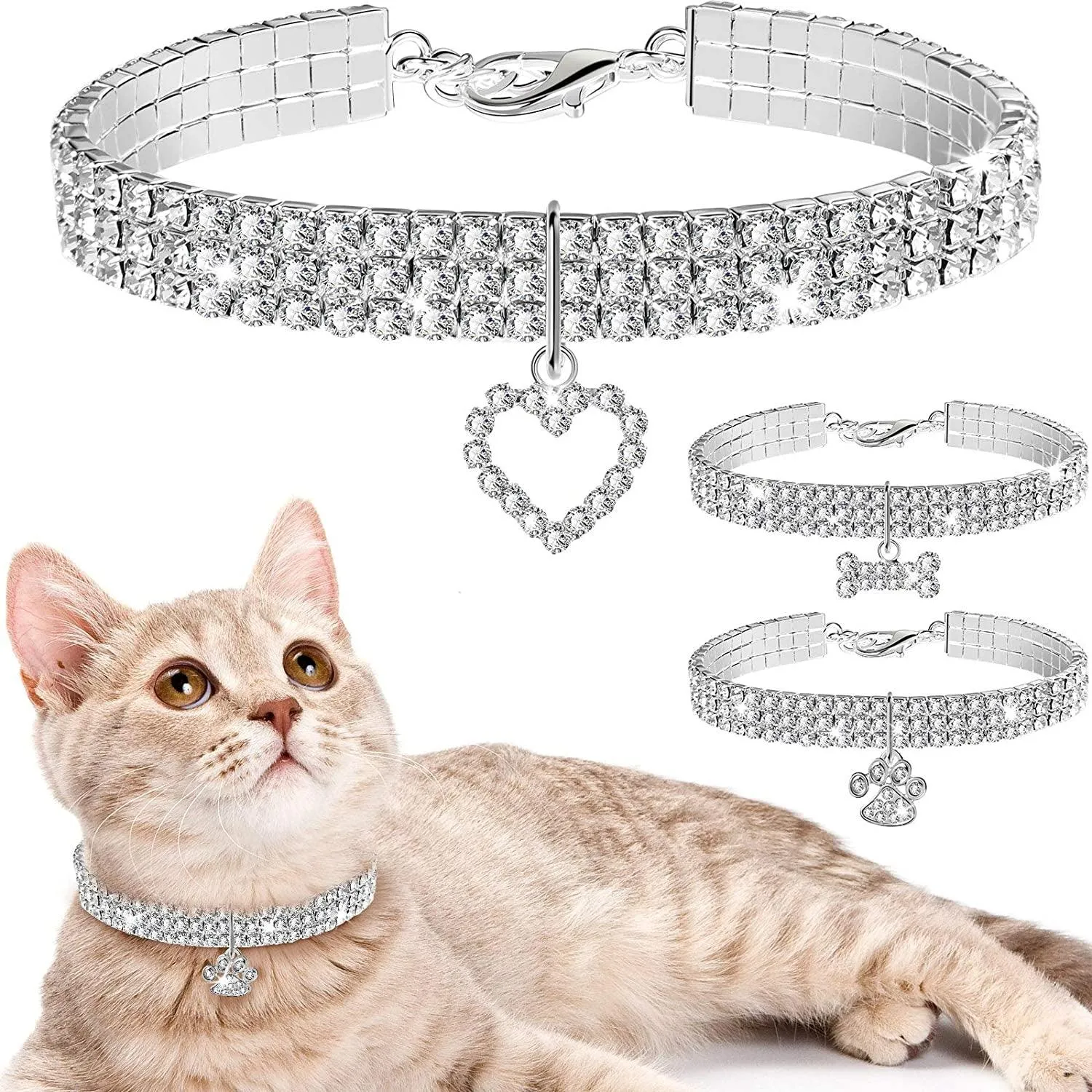 Sparkling Rhinestone Pet Collars - Adjustable Crystal Necklaces for Small Dogs & Cats (Set of 3, White)