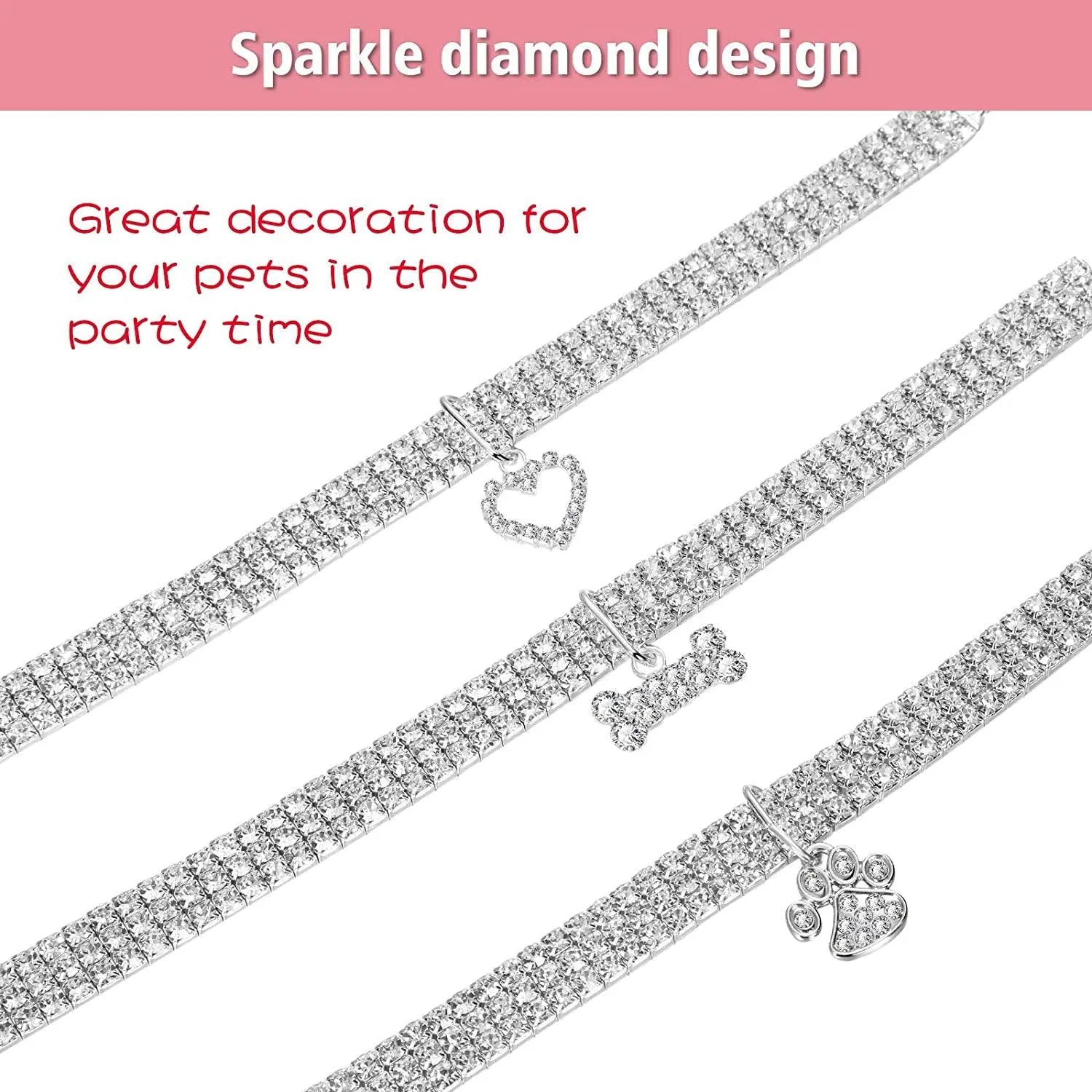 Sparkling Rhinestone Pet Collars - Adjustable Crystal Necklaces for Small Dogs & Cats (Set of 3, White)