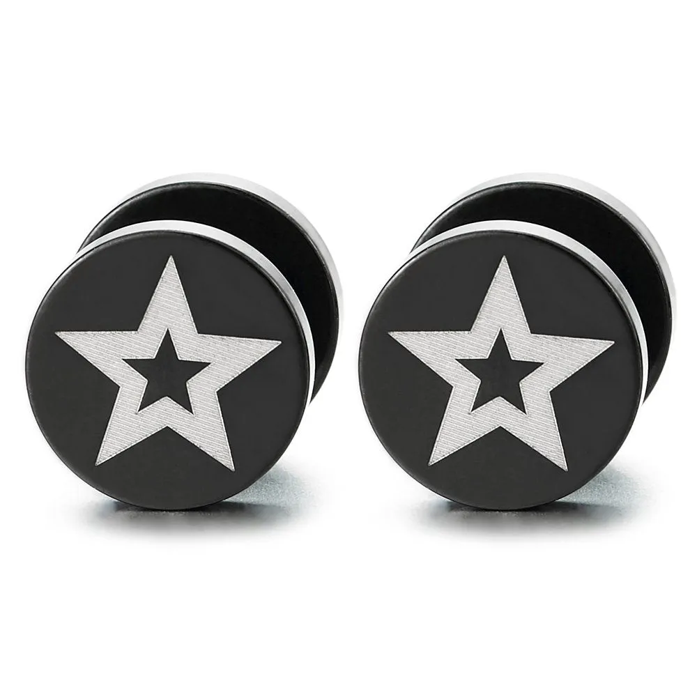 Steel Black Circle Stud Earrings Pentagram Star, Men Women Cheater Fake Ear Plugs Gauges Tunnel