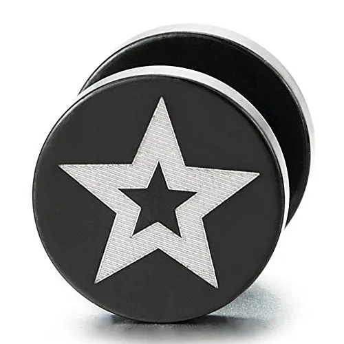 Steel Black Circle Stud Earrings Pentagram Star, Men Women Cheater Fake Ear Plugs Gauges Tunnel