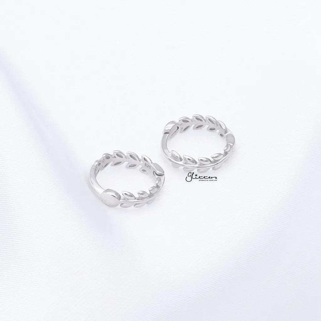 Sterling Silver Leaves Huggie Hoop Earrings - Silver