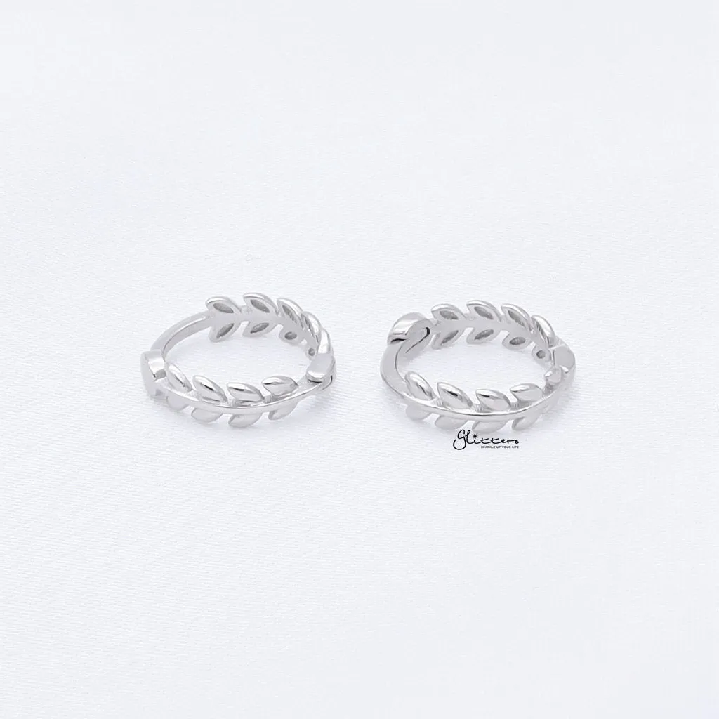 Sterling Silver Leaves Huggie Hoop Earrings - Silver