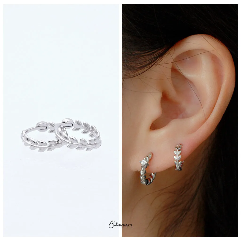 Sterling Silver Leaves Huggie Hoop Earrings - Silver