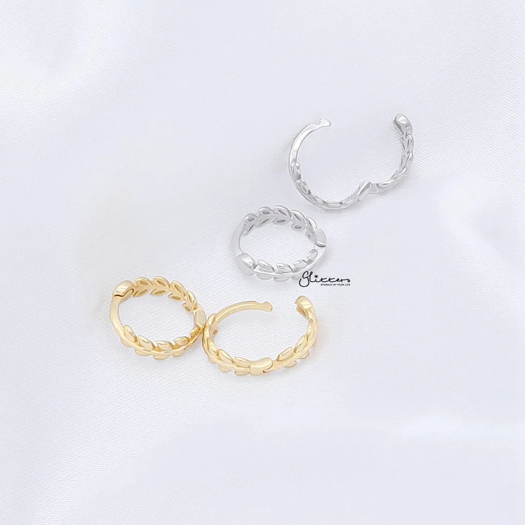 Sterling Silver Leaves Huggie Hoop Earrings - Silver