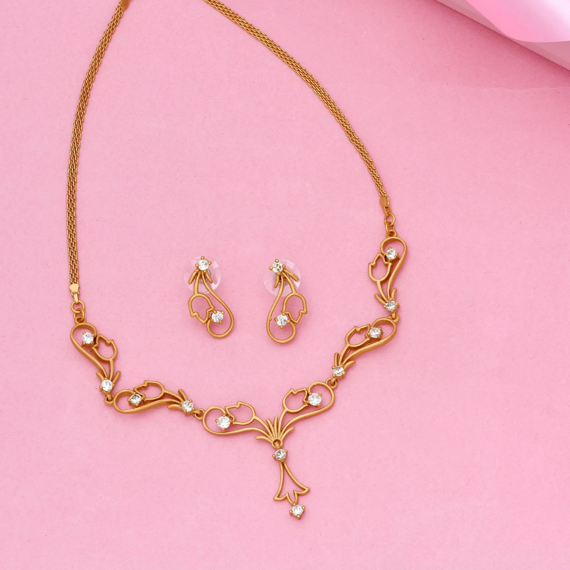 Stylish Matt Gold plated American Diamond CZ Tulip Bloom Necklace