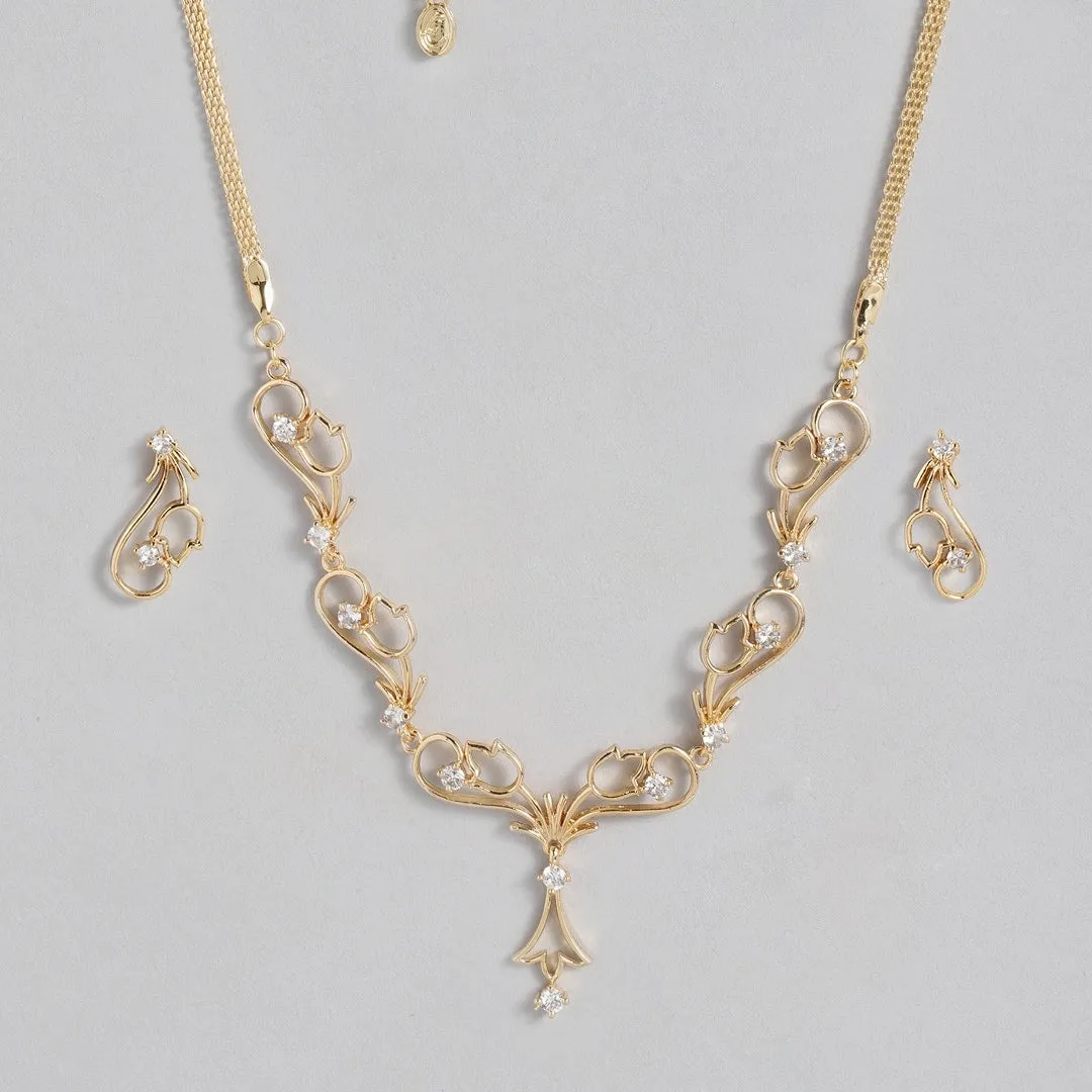 Stylish Matt Gold plated American Diamond CZ Tulip Bloom Necklace