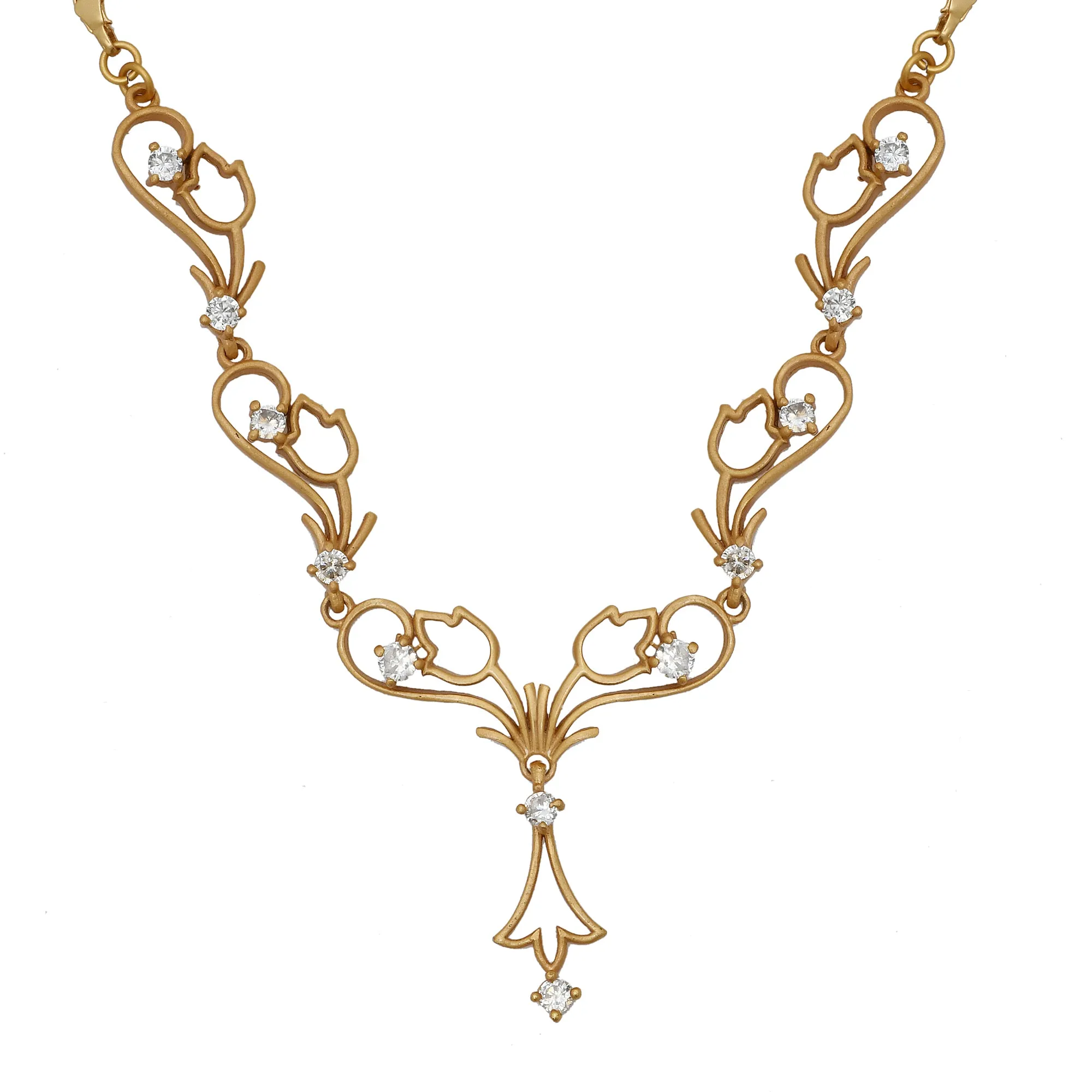 Stylish Matt Gold plated American Diamond CZ Tulip Bloom Necklace