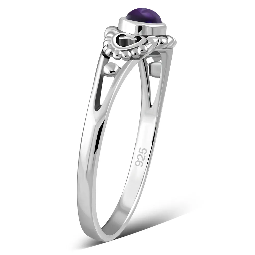 Thin Heart Amethyst Stone Silver Ring