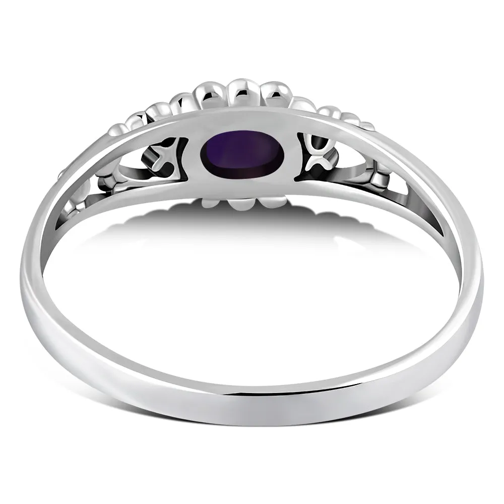 Thin Heart Amethyst Stone Silver Ring