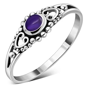 Thin Heart Amethyst Stone Silver Ring