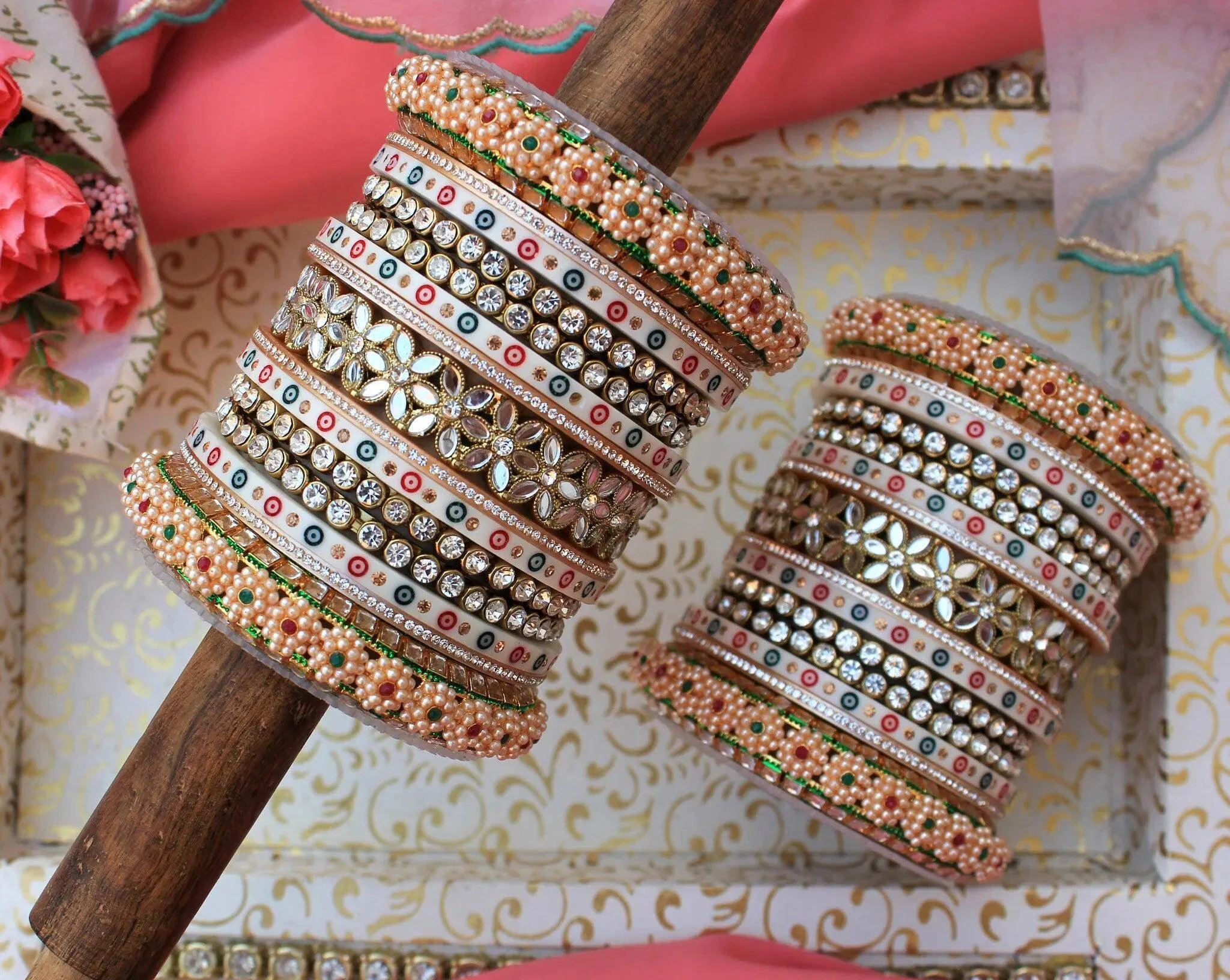 Traditional Flower Mirror Bridal Chura, Punjabi Chuda Wedding Bangles, Punjabi Choora, Pakistani Choora, Punjabi Chooda, Bridal jewelry