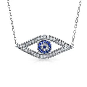 Turkish Blue Evil Eye Pendant Necklace with Pave CZ in Sterling Silver