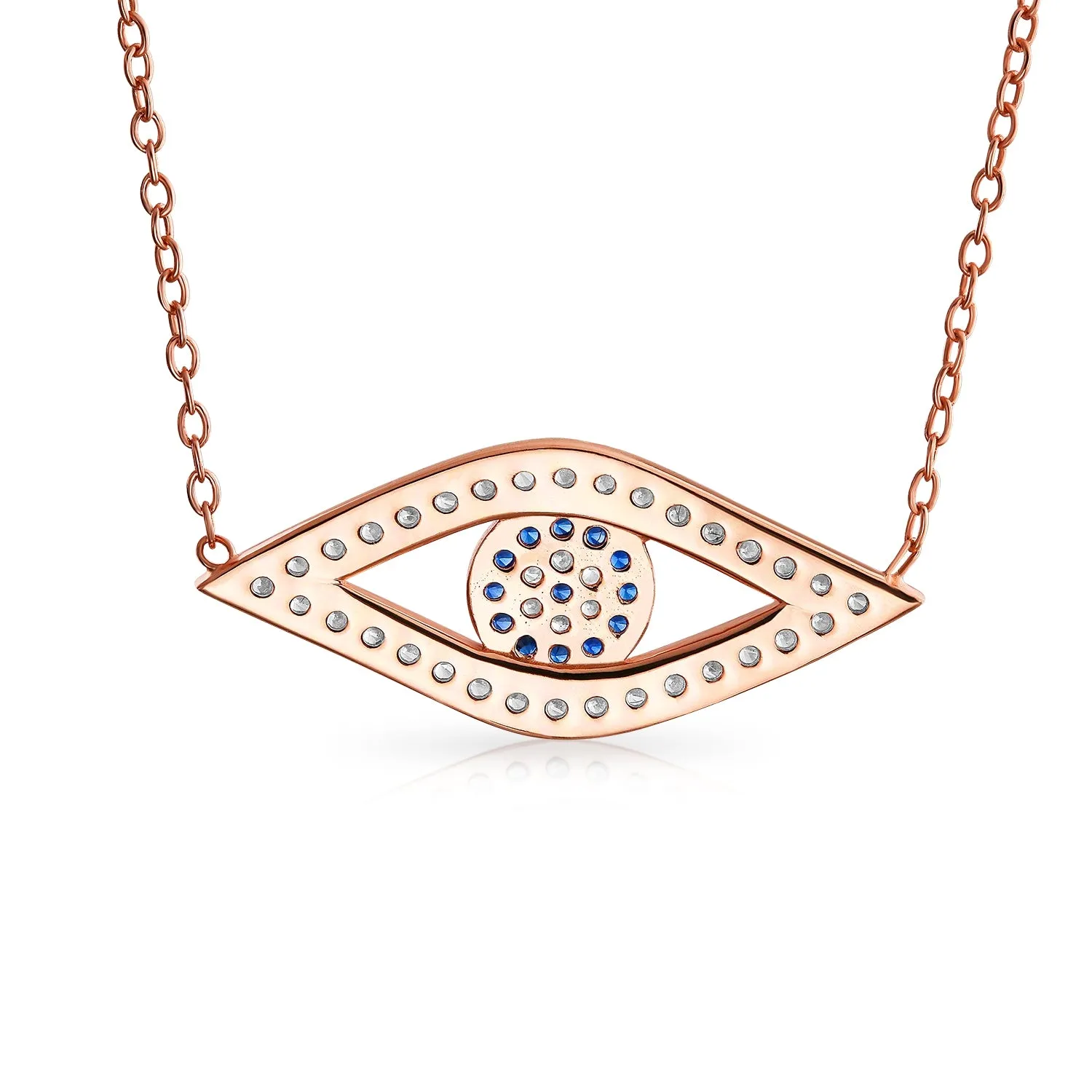 Turkish Blue Evil Eye Pendant Necklace with Pave CZ in Sterling Silver