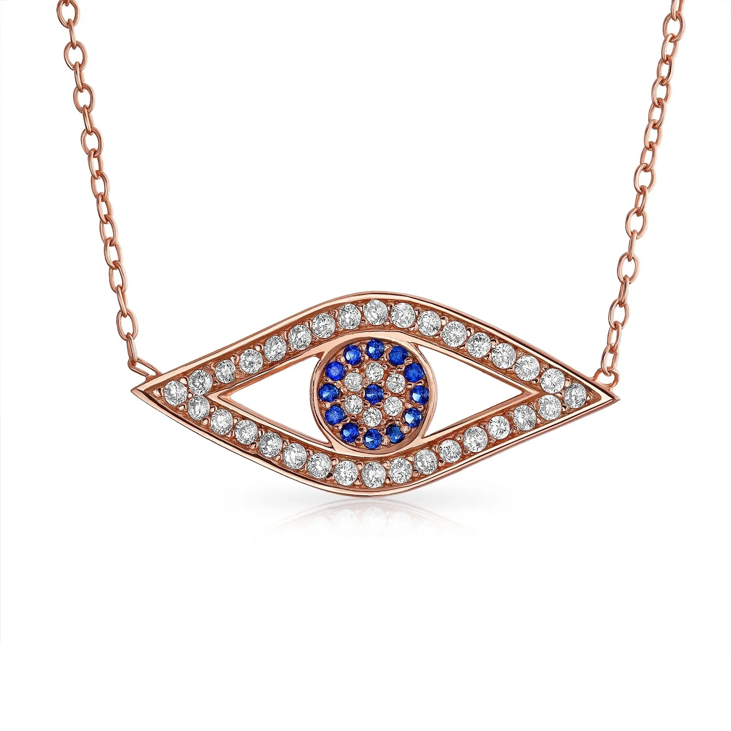 Turkish Blue Evil Eye Pendant Necklace with Pave CZ in Sterling Silver