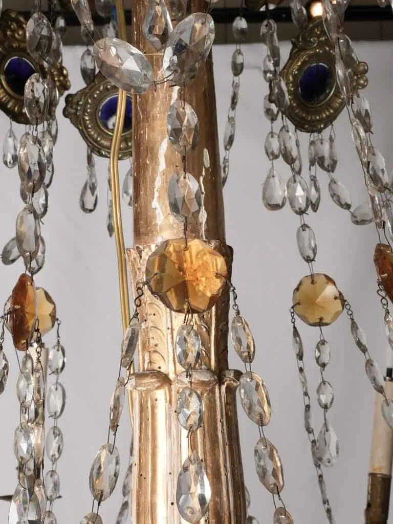 Two exceptional large antique Italian chandeliers w/ clear blue & amber pendants