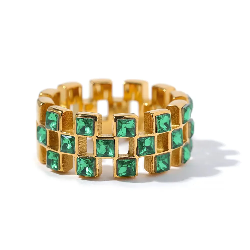 VAIGE Exquisite Bling Green and White Cubic Zirconia Hollow Stainless Steel Grid Ring - High-Quality Delicate Jewelry Gift